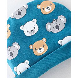 Babyhug 100% Cotton Knit Cap Mittens & Booties  Koala & Bear Print- Navy Blue