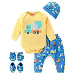 Babyhug 100% Cotton Knit Full Sleeves Onesie with Diaper Pant Cap Mittens & Booties Truck Print - Yellow & Blue