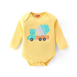 Babyhug 100% Cotton Knit Full Sleeves Onesie with Diaper Pant Cap Mittens & Booties Truck Print - Yellow & Blue