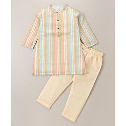 Babyhug Cotton Full Sleeves Striped Kurta with Pyjama Set - Pink & Blue