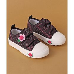 Cute Walk by Babyhug Polka Dots Printed Casual Shoes with Velcro Closure & Floral Applique - Black