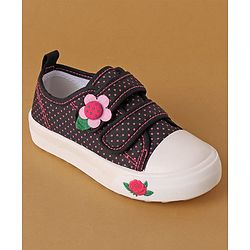 Cute Walk by Babyhug Polka Dots Printed Casual Shoes with Velcro Closure & Floral Applique - Black