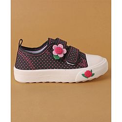 Cute Walk by Babyhug Polka Dots Printed Casual Shoes with Velcro Closure & Floral Applique - Black