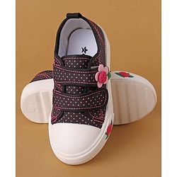 Cute Walk by Babyhug Polka Dots Printed Casual Shoes with Velcro Closure & Floral Applique - Black