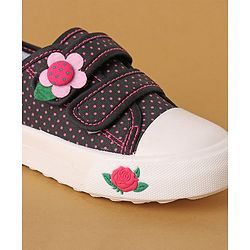 Cute Walk by Babyhug Polka Dots Printed Casual Shoes with Velcro Closure & Floral Applique - Black