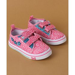 Cute Walk by Babyhug Polka Dots Printed Casual Shoes with Velcro Closure & Floral Applique - Pink