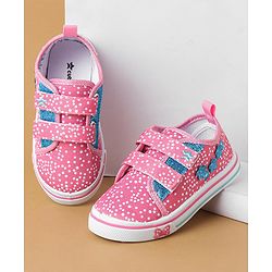 Cute Walk by Babyhug Polka Dots Printed Casual Shoes with Velcro Closure & Floral Applique - Pink