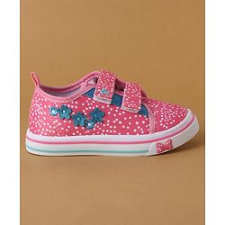 Cute Walk by Babyhug Polka Dots Printed Casual Shoes with Velcro Closure & Floral Applique - Pink