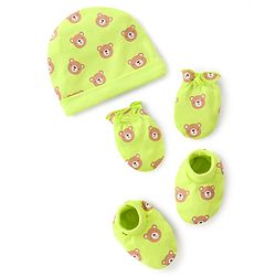 Babyhug 100% Cotton Knit Cap Mittens & Booties Set Teddy Print- Green