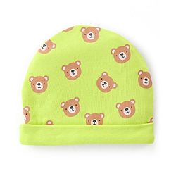 Babyhug 100% Cotton Knit Cap Mittens & Booties Set Teddy Print- Green
