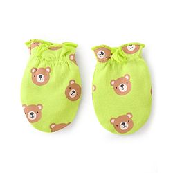 Babyhug 100% Cotton Knit Cap Mittens & Booties Set Teddy Print- Green