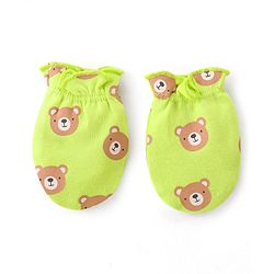 Babyhug 100% Cotton Knit Cap Mittens & Booties Set Teddy Print- Green