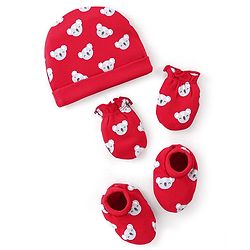 Babyhug 100% Cotton Cap Mittens And Booties Bear Print - Red