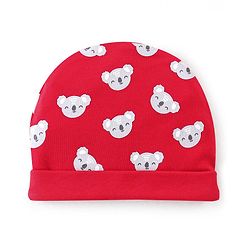 Babyhug 100% Cotton Cap Mittens And Booties Bear Print - Red
