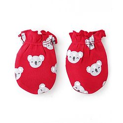 Babyhug 100% Cotton Cap Mittens And Booties Bear Print - Red