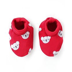 Babyhug 100% Cotton Cap Mittens And Booties Bear Print - Red