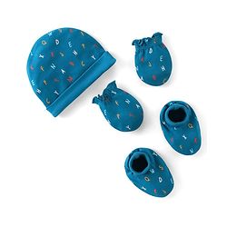 Babyhug 100% Cotton Cap Mittens And Booties Alphabate Print - Blue