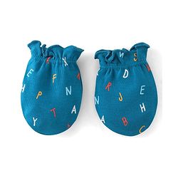 Babyhug 100% Cotton Cap Mittens And Booties Alphabate Print - Blue