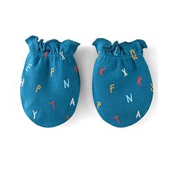 Babyhug 100% Cotton Cap Mittens And Booties Alphabate Print - Blue