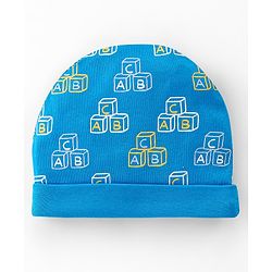 Babyhug 100% Cotton Interlock Knti Cap Mittens & Booties Set Alphabate Print -Blue