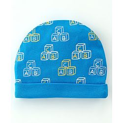 Babyhug 100% Cotton Interlock Knti Cap Mittens & Booties Set Alphabate Print -Blue