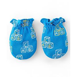 Babyhug 100% Cotton Interlock Knti Cap Mittens & Booties Set Alphabate Print -Blue