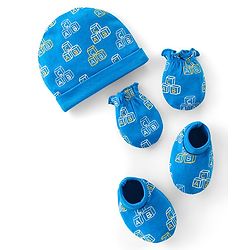 Babyhug 100% Cotton Interlock Knti Cap Mittens & Booties Set Alphabate Print -Blue