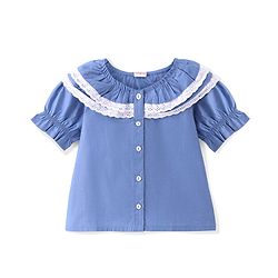Babyhug 100% Cotton Woven Half Sleeves Top With Frill & Lace Detailing - Blue