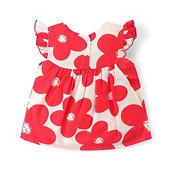 Babyhug 100% Cotton Frill Sleeves Woven Top With Floral Print - Red & White