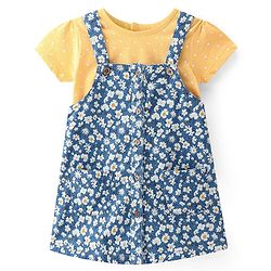 Babyhug Woven  Denim Frock with Half Sleeves  T-Shirt Floral Print - Blue & Yellow