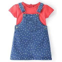 Babyhug Denim Frock With Knit Half Sleeves Inner Tee - Blue