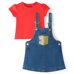 Babyhug Denim Woven Frock With Half Sleeves Knitted Inner Tee Sequince Detailing - Blue