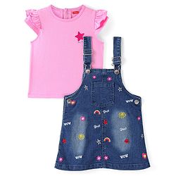 Babyhug Denim Frock With Frill Sleeves Inner Tee Floral & Star Embroidery - Blue