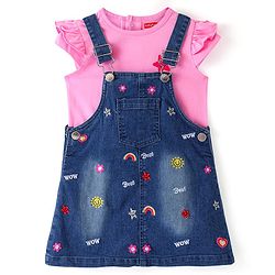 Babyhug Denim Frock With Frill Sleeves Inner Tee Floral & Star Embroidery - Blue
