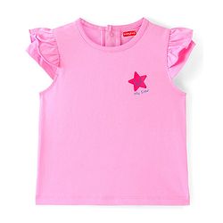 Babyhug Denim Frock With Frill Sleeves Inner Tee Floral & Star Embroidery - Blue