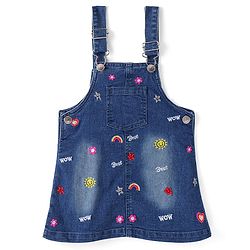 Babyhug Denim Frock With Frill Sleeves Inner Tee Floral & Star Embroidery - Blue