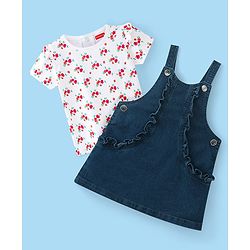 Babyhug Denim Frock with Knitted Half Sleeves Floral Printed Inner Tee - Blue