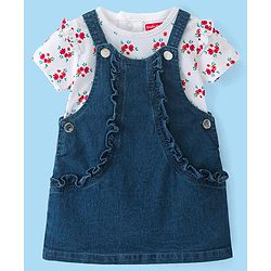 Babyhug Denim Frock with Knitted Half Sleeves Floral Printed Inner Tee - Blue