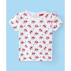 Babyhug Denim Frock with Knitted Half Sleeves Floral Printed Inner Tee - Blue