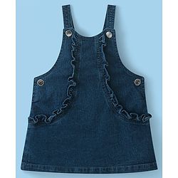 Babyhug Denim Frock with Knitted Half Sleeves Floral Printed Inner Tee - Blue