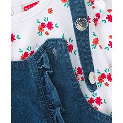 Babyhug Denim Frock with Knitted Half Sleeves Floral Printed Inner Tee - Blue