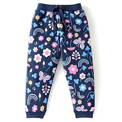 Babyhug Cotton Knit Full Length Track Pant Floral & Butterfly Print - Navy Blue