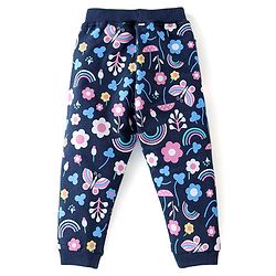 Babyhug Cotton Knit Full Length Track Pant Floral & Butterfly Print - Navy Blue