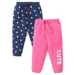 Babyhug Cotton Looper Full Length Lounge Pants Polka Dot & Cute Print Pack of 2 - Navy & Pink