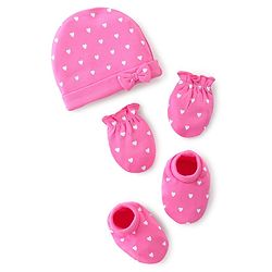 Babyhug 100% Cotton Cap Mittens And Booties Heart Printed - Pink