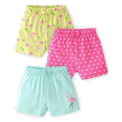 Babyhug Cotton Single Jersey Shorts With Flamingo & Heart Print Pack Of 3 - Pink Green & Blue