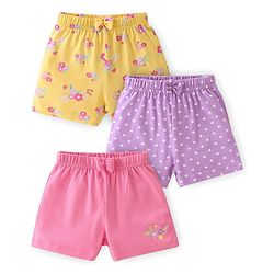 Babyhug Cotton Knit Single Jersey Shorts With Floral & Polka Dot Print Pack of 3 - Yellow Purple & Pink