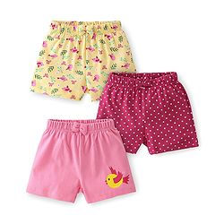 Babyhug Cotton Knit Shorts  Bird & Polka Dot Print with Bow Applique Pack of 3 - Multicolour