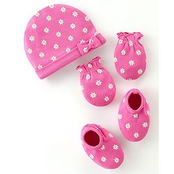 Babyhug 100% Cotton Knit Cap Mittens & Booties Set Floral Print - Pink