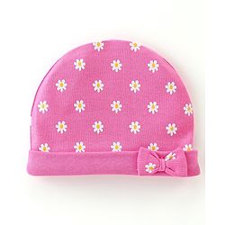 Babyhug 100% Cotton Knit Cap Mittens & Booties Set Floral Print - Pink